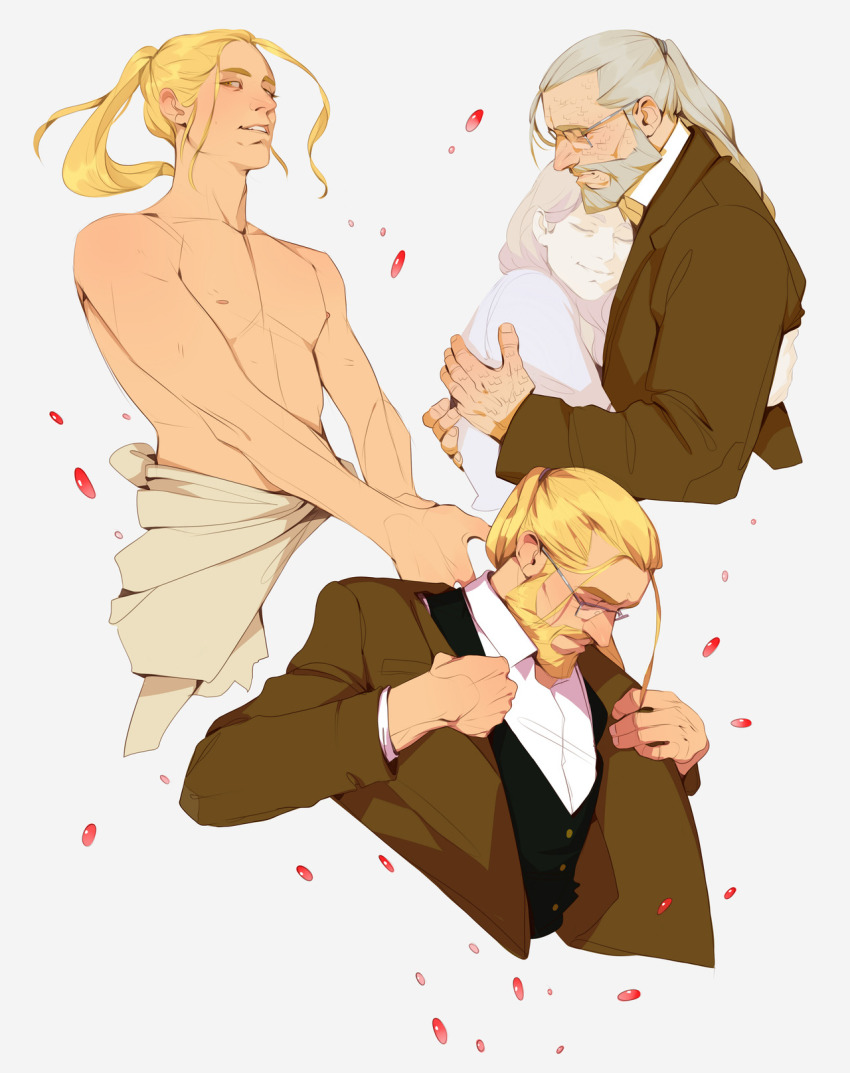 1boy 1girl adjusting_clothes aged_down aged_up beard blonde_hair brown_coat closed_eyes clothes_around_waist coat couple crazytom666 dissolving dress_shirt dual_persona expressionless facial_hair fingernails floating_hair fullmetal_alchemist glasses grey-framed_eyewear grey_background grey_hair happy hetero highres hug long_hair looking_down looking_to_the_side manly parted_lips philosopher&#039;s_stone ponytail semi-rimless_eyewear serious shirt simple_background smile teeth topless_male trisha_elric van_hohenheim vest white_shirt yellow_eyes