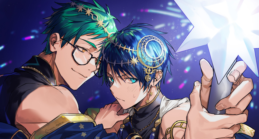 2boys absurdres ace_trappola aqua_eyes bare_shoulders black-framed_eyewear black_shirt blue_background blue_hair blue_robe closed_mouth collared_shirt facial_tattoo glasses gold_trim green_hair hair_between_eyes hair_ornament highres holding holding_hands holding_staff light_particles looking_at_another looking_at_object male_focus multiple_boys nana_tetra robe shirt smile sparkle staff star_(symbol) star_print sweatdrop tattoo toned toned_male trey_clover twisted_wonderland upper_body yellow_eyes