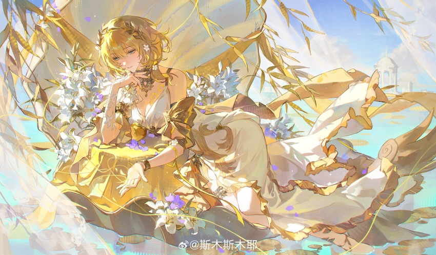 1girl absurdres aglaea_(honkai:_star_rail) ancient_greek_clothes blonde_hair blue_sky breasts chinese_commentary clam_shell cleavage commentary_request dress greco-roman_clothes green_eyes highres honkai:_star_rail honkai_(series) large_breasts laurel_crown short_hair sky smusmuye solo watermark weibo_watermark white_dress