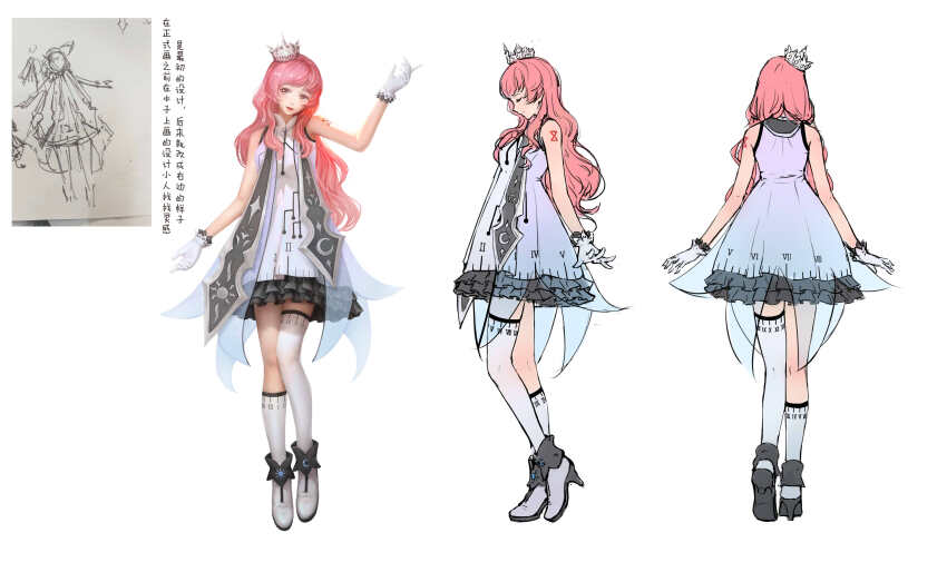 1girl absurdres alternate_costume asymmetrical_footwear asymmetrical_legwear bare_arms bare_shoulders blue_dress boots brown_eyes reference_sheet chinese_commentary chinese_text closed_eyes closed_mouth commentary_request crescent_print crown dress eyelashes flat_color frilled_dress frilled_gloves frills from_behind from_side gloves hair_over_shoulder high_heel_boots high_heels highres infinity_nikki kneehighs layered_dress lipstick long_hair looking_at_viewer makeup mapledafengwan mismatched_footwear nikki_(nikki) nikki_(series) parted_lips pink_hair red_lips reference_inset see-through_clothes see-through_dress short_dress shoulder_tattoo sidelocks simple_background single_kneehigh single_sock single_thighhigh sketch sleeveless sleeveless_dress smile socks standing stole sun_print tattoo thighhighs translation_request very_long_hair wavy_hair white_background white_crown white_dress white_footwear white_gloves white_socks white_thighhighs