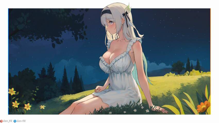 1girl alternate_costume armpit_crease black_bow black_hairband blue_eyes blue_pupils blush bow breasts cleavage collarbone commentary dan-98 dress english_commentary feet_out_of_frame firefly_(honkai:_star_rail) grass green_hair hair_bow hairband highres honkai:_star_rail honkai_(series) large_breasts long_hair looking_ahead mixed-language_commentary paid_reward_available patreon_username pixiv_username profile purple_eyes sidelocks sitting solo white_dress white_hair