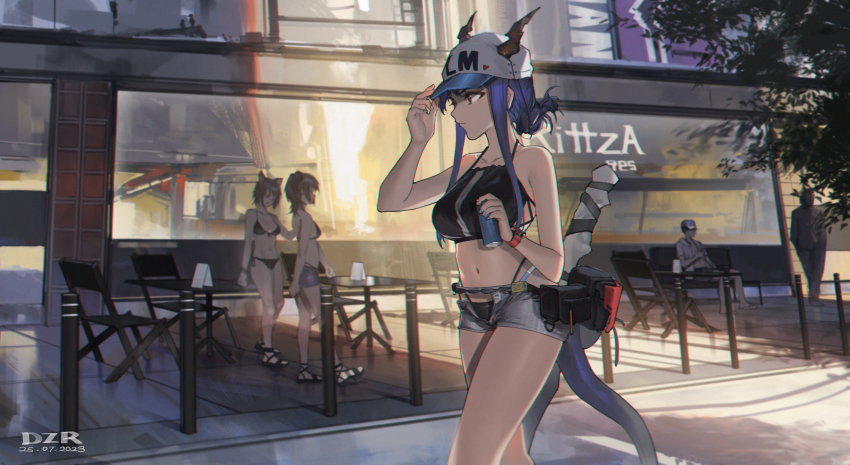2boys 3girls absurdres adjusting_clothes adjusting_headwear arknights baseball_cap bikini black_bikini blue_hair breasts can ch&#039;en_(arknights) ch&#039;en_(arknights) chair danzir dragon_horns dragon_tail female_tourist_c_(arknights) hat highres horns horns_through_headwear large_breasts multiple_boys multiple_girls navel pouch red_eyes short_shorts shorts sitting solo_focus swimsuit table tail