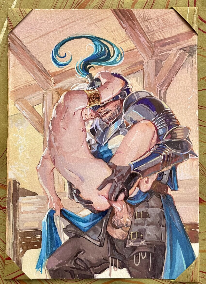 2boys anal arm_up armlet armor ass bara barefoot beard bishounen black_gloves brown_pants carrying carrying_person clenched_teeth clothed_male_nude_male clothed_sex commentary completely_nude covered_eyes english_commentary facial_hair feet_out_of_frame full_body gloves gold_armlet grabbing_another&#039;s_ass grey_armor grey_facial_hair grey_helmet groping hand_on_another&#039;s_head helmet highres jewelry knee_up male_focus male_pubic_hair mastectomy_scar multiple_boys nude octoerotic open_mouth original painting_(medium) pants penis pubic_hair pulling_another&#039;s_clothes scar scar_on_chest scar_on_leg sex short_hair simple_background standing suspended_congress teeth testicle_hair testicles traditional_media unzipped upper_teeth_only watercolor_(medium) white_hair yaoi