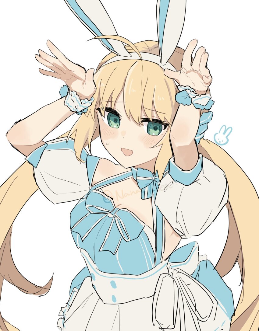 1234eabc 1girl ahoge animal_ears artoria_caster_(fate) artoria_caster_(swimsuit_berserker)_(fate) artoria_caster_(swimsuit_berserker)_(second_ascension)_(fate) artoria_pendragon_(fate) blonde_hair blue_dress blush dress fake_animal_ears fate/grand_order fate_(series) green_eyes hairband highres long_hair looking_at_viewer open_mouth puffy_short_sleeves puffy_sleeves rabbit_ears short_sleeves simple_background smile solo sweatdrop twintails twitter_username two-tone_dress white_background white_dress white_hairband