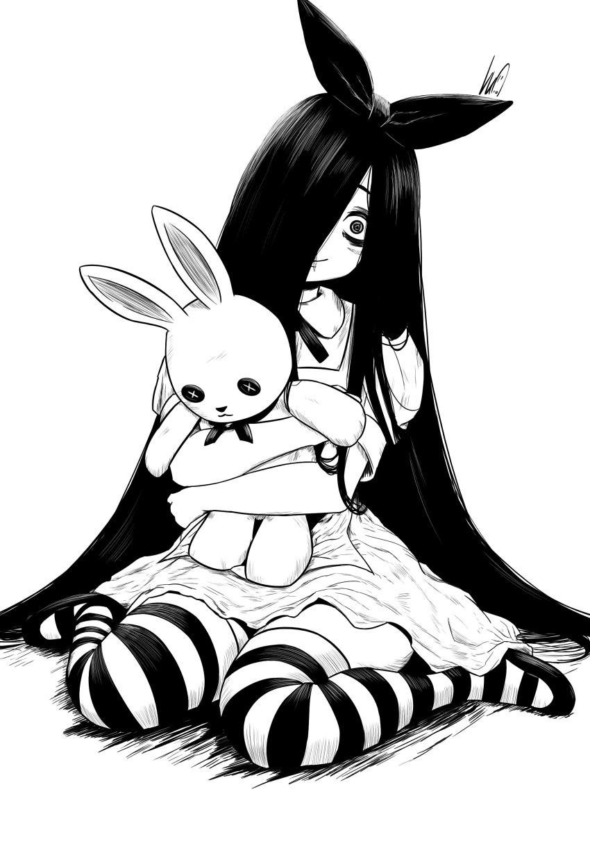 1girl absurdres alice_(alice_in_wonderland) alice_(alice_in_wonderland)_(cosplay) alice_in_wonderland apron bags_under_eyes black_hair bow breasts cosplay dress ghost_girl greyscale hair_bow hair_over_face hair_over_one_eye highres holding holding_stuffed_toy hugging_doll hugging_object long_hair looking_at_viewer lughost monochrome puffy_sleeves rabbit scar scar_on_face scar_on_lip scar_on_mouth shoes short_sleeves simple_background smile solo striped_clothes striped_leggings stuffed_animal stuffed_rabbit stuffed_toy the_ring thighhighs very_long_hair white_background yamamura_sadako