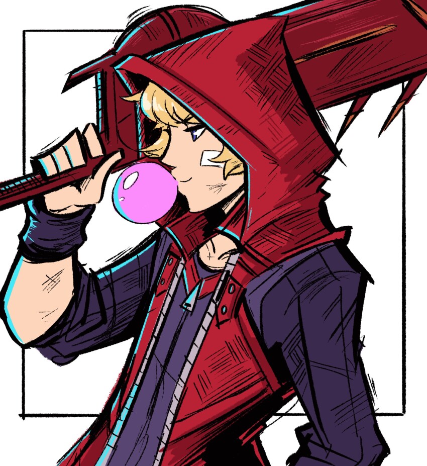 1boy armband bandage_on_face bandages black_armband black_shirt blonde_hair blowing_bubble_gum blowing_bubbles blue_eyes chewing_gum highres holding holding_sword holding_weapon hood hoodie over_shoulder red_hoodie scruffyturtles shirt shulk_(xenoblade) sword sword_over_shoulder weapon weapon_over_shoulder xenoblade_chronicles_(series) xenoblade_chronicles_1