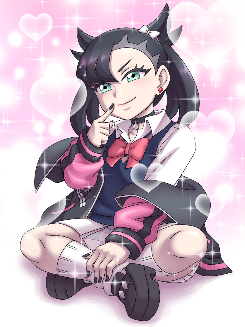 1girl absurdres asymmetrical_bangs black_choker black_hair black_jacket black_nails black_shoes bow bowtie cardigan_vest choker crossed_legs earrings fingersmile full_body green_eyes hair_bow heart highres index_finger_raised jacket jewelry looking_at_viewer marnie_(academy)_(pokemon) marnie_(pokemon) nintendo off_shoulder pink_background pink_bow pink_bowtie pink_jacket pokemon pokemon_masters_ex school_uniform shirt shoes sitting socks solo sparkle stud_earrings twintails undercut wafers_(jwmd7557) white_bow white_shirt white_socks