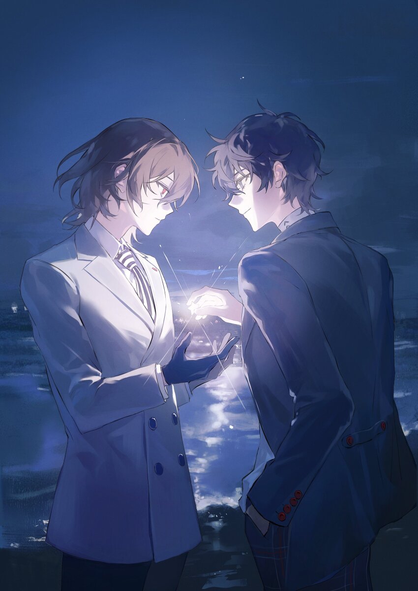 2boys absurdres akechi_gorou amamiya_ren beach black_eyes black_gloves black_hair black_jacket brown_hair from_side gloves hair_between_eyes hand_in_pocket hands_up highres jacket long_sleeves male_focus multiple_boys necktie night night_sky nona1010 ocean outdoors persona persona_5 plaid profile red_eyes school_uniform shore short_hair shuujin_academy_school_uniform sky smile star_(sky) star_(symbol) striped_necktie upper_body
