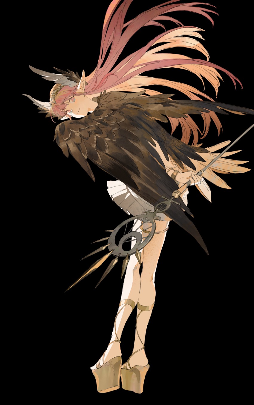 1girl absurdres arm_behind_back black_background black_wings circe_(fate) closed_mouth dress fate/grand_order fate_(series) feathered_wings floating_hair from_behind full_body head_wings highres holding holding_staff long_hair mimulishizi pink_hair pointy_ears simple_background smile solo staff very_long_hair white_dress wings