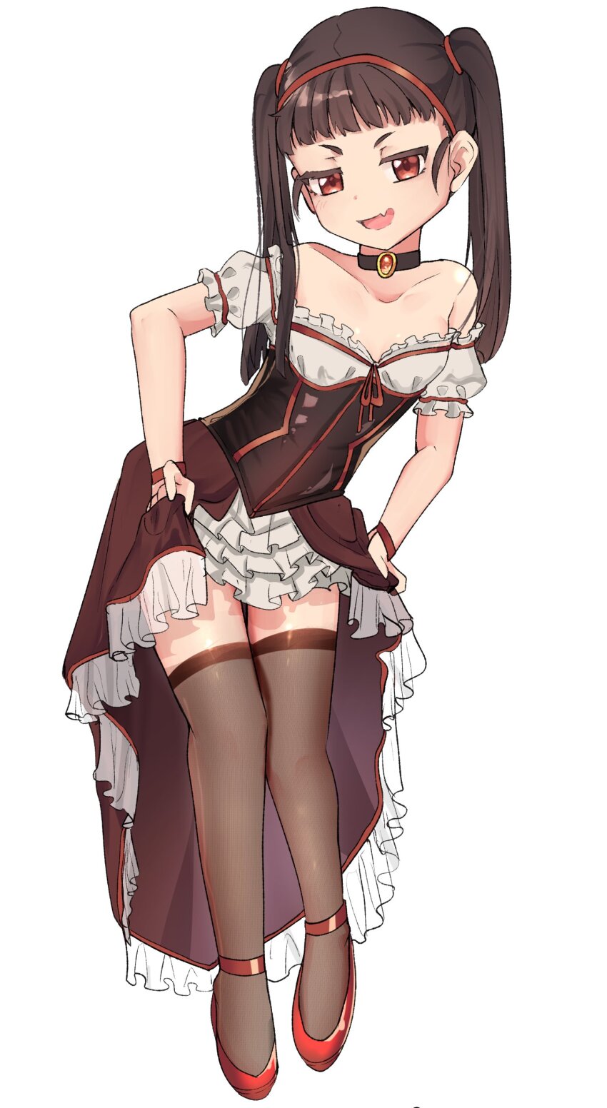 1girl absurdres alternate_costume arms_at_sides bare_shoulders black_choker black_corset blush breasts brown_hair brown_thighhighs choker clothes_lift collarbone corset dot_nose dress dress_lift eyelashes fang female_focus frilled_dress frills gem hachikuji_mayoi hairband highres leaning_to_the_side lifting_own_clothes loli long_hair looking_at_viewer meemz_a mesugaki monogatari_(series) naughty_face off-shoulder_dress off_shoulder open_mouth purple_dress red_corset red_eyes red_hairband red_shoes shoes simple_background skin_fang small_breasts smug solo standing strapless thighhighs twintails two-tone_corset two-tone_dress white_background white_dress yellow_gemstone