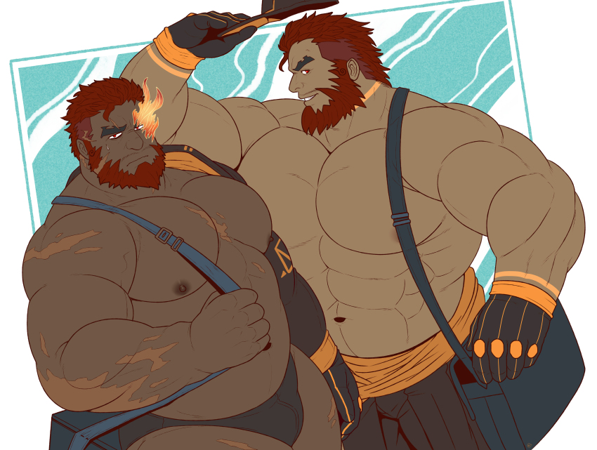 2boys abs absurdres bag bara belt biceps blue_background bulge dark_skin fat fat_man feet_out_of_frame flaming_eye gloves hat hephaestus_(housamo) highres huge_pectorals male_focus male_swimwear manly mature_male multiple_boys muscular muscular_arms muscular_male nipples pants pectorals red_eyes red_hair scar short_hair simple_background spiked_hair swim_briefs talos_(housamo) thick_eyebrows thighs tokyo_houkago_summoners topi_(topi5356) topless_male undercut white_background
