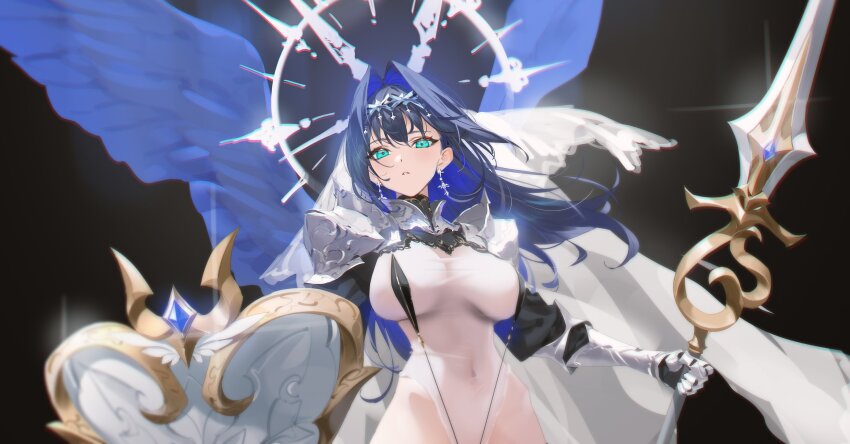 1girl alternate_costume armor black_background black_shrug blue_eyes blue_hair blue_wings breasts colored_inner_hair commentary covered_navel earrings english_commentary fanged_bangs feathered_wings gauntlets hair_between_eyes hair_flaps hair_intakes headband highres holding holding_polearm holding_shield holding_weapon hololive hololive_english jewelry large_breasts leotard long_hair multicolored_hair ouro_kronii polearm see-through_clothes see-through_leotard shield shoulder_armor shrug_(clothing) simple_background solo spear veil virtual_youtuber weapon white_leotard white_veil wings yd_(orange_maru)