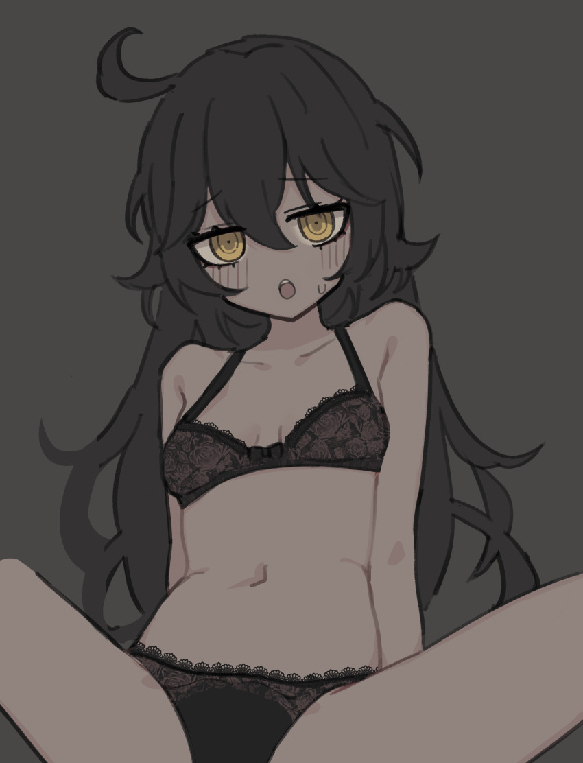 1girl :o absurdres ahoge bare_shoulders belly black_bra black_hair black_panties bra grey_background grimmi_(vtuber) highres indie_virtual_youtuber lace lace_bra lace_panties light_blush long_hair lyrinne messy_hair navel no_feet on_floor pale_skin panties sidelocks sitting solo sweatdrop thighs underwear very_long_hair virtual_youtuber yellow_eyes