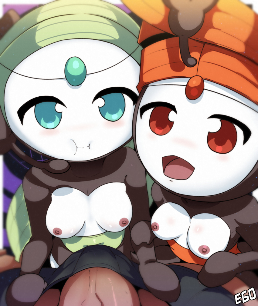 1boy 2girls aqua_eyes breasts colored_skin gen_5_pokemon green_hair highres legendary_pokemon matching_hair/eyes medium_breasts meloetta meloetta_(aria) meloetta_(pirouette) multiple_girls mythical_pokemon nintendo nipples owahi_ego penis pokemon red_eyes red_hair tagme white_skin