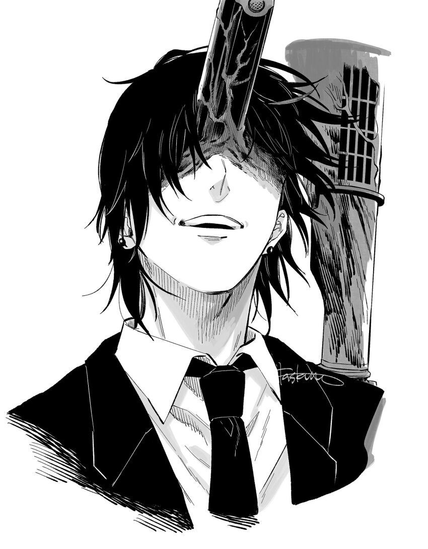 1boy assault_rifle black_hair black_necktie chainsaw_man collared_shirt earrings facing_viewer formal_clothes greyscale gun gun_devil_(chainsaw_man) handgun hayakawa_aki highres jacket jewelry monochrome necktie open_mouth rifle shirt short_hair signature simple_background smile solo stud_earrings suit suit_jacket tsuke_(task) weapon white_background