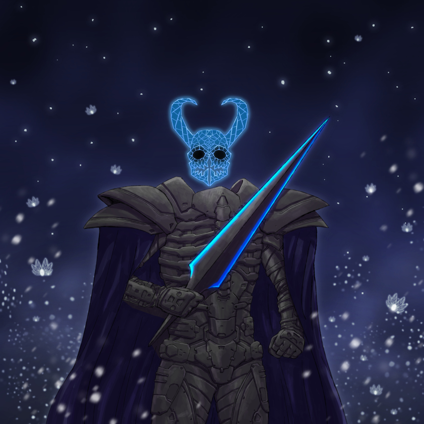 absurdres adapted_costume adi_(adivider) alternate_costume armor black_armor black_eyes blade blank_eyes blue_cape blue_cloak bug butterfly butterfly_wings cape cloak cosplay crossover cyberpunk day_of_wrath_(infinitypilot) doom_(2016) doom_(series) fantasy full_armor full_moon glowing glowing_sword glowing_weapon highres holding holding_sword holding_weapon hollow_eyes hollow_knight hologram horns humanization insect insect_wings knight_(hollow_knight) looking_at_viewer military moon nail_(hollow_knight) night night_sky original personification science_fiction shoulder_armor skullhacker_(day_of_wrath) sky soldier solo sword weapon wings wireframe