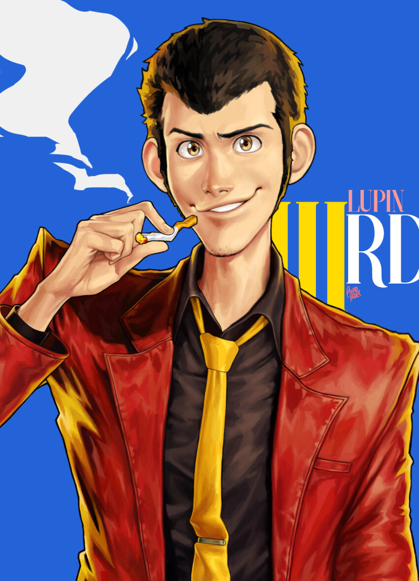 1boy arsene_lupin_iii black_hair black_shirt blue_background character_name cigarette collared_shirt commentary english_commentary english_text facial_hair highres holding holding_cigarette jacket knuckle_hair long_sideburns long_sleeves looking_at_viewer lupin_iii male_focus necktie open_clothes open_jacket psycho_soldier_(r4udene) red_jacket red_necktie shirt short_hair sideburns signature smile smoke solo teeth yellow_eyes