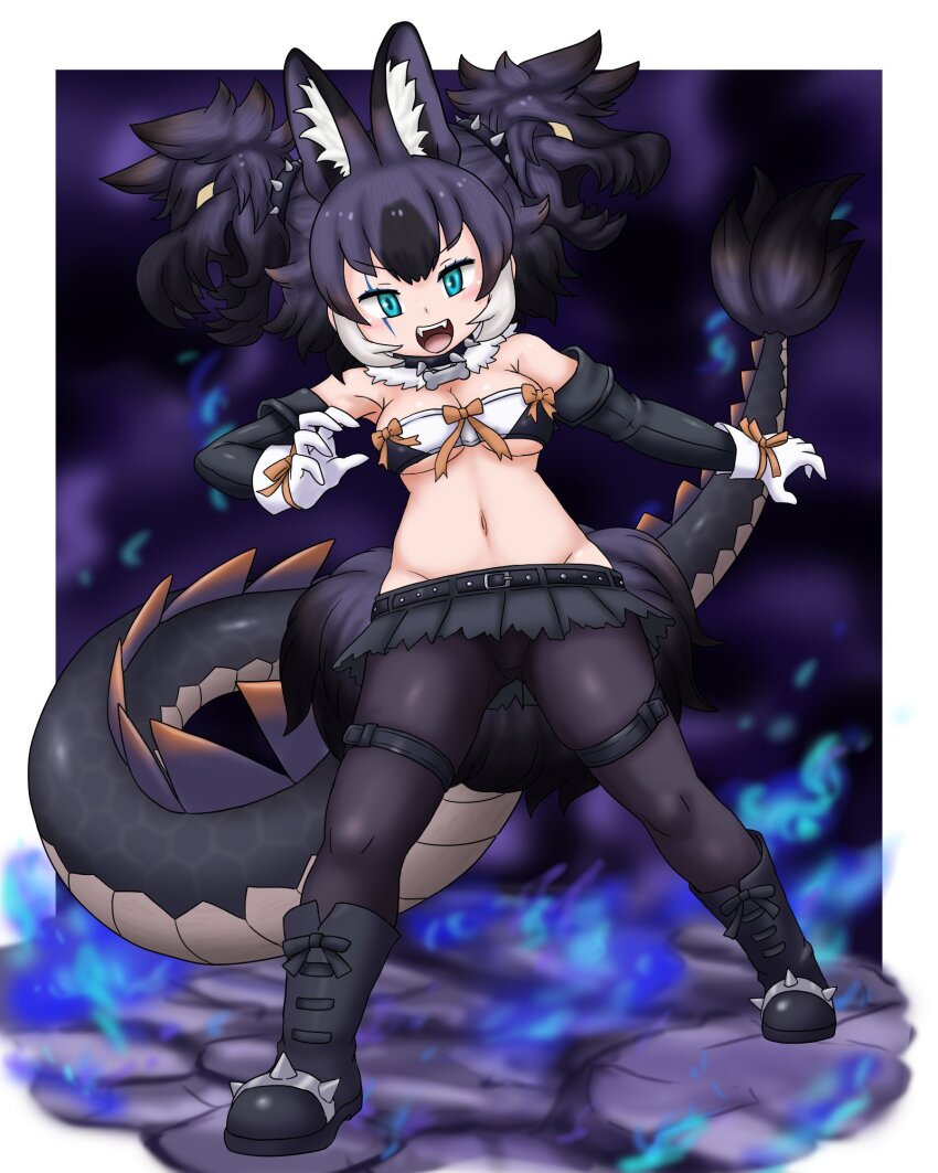 1girl adansosutega animal_ears bare_shoulders belt big_hair black_belt black_boots black_gloves black_hair black_pantyhose black_shirt black_skirt blue_eyes boots cerberus_(kemono_friends) cerberus_(kemono_friends)_(cosplay) cosplay crop_top dhole_(kemono_friends) dog_ears dog_girl dog_tail elbow_gloves fang full_body gloves hair_between_eyes highres kemono_friends lizard_tail midriff multicolored_hair navel open_mouth pantyhose pleated_skirt purple_hair scar scar_across_eye scar_on_face shirt short_hair sidelocks skirt sleeveless smile solo tail thigh_strap torn_clothes torn_skirt two-tone_shirt white_gloves white_hair white_shirt
