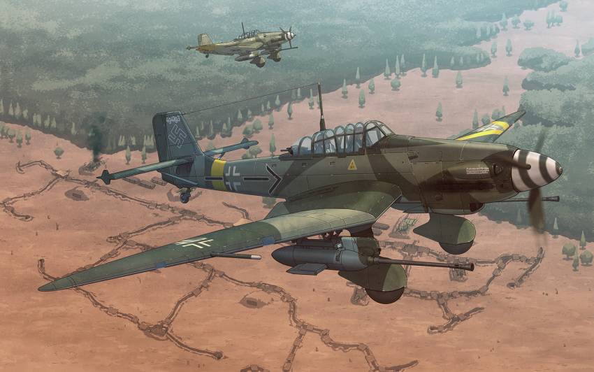2boys aircraft airplane balkenkreuz bomber cannon cross day dive_bomber earasensha ju_87 luftwaffe military military_uniform military_vehicle motor_vehicle multiple_boys original outdoors propeller propeller_fighter swastika tank tree trench vehicle_focus world_war_ii