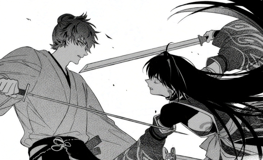 1boy 1other ahoge androgynous black_hakama body_markings detached_sleeves dual_wielding earrings easel_(dam0628) fate/grand_order fate/samurai_remnant fate_(series) fighting_stance greyscale hair_down hair_intakes hakama highres holding holding_sword holding_weapon japanese_clothes jewelry katana kimono long_hair miyamoto_iori_(fate) monochrome nagatekkou other_with_male side_slit sidelocks sword topknot unsheathed weapon wide_sleeves yamato_takeru_(fate) yamato_takeru_(third_ascension)_(fate)