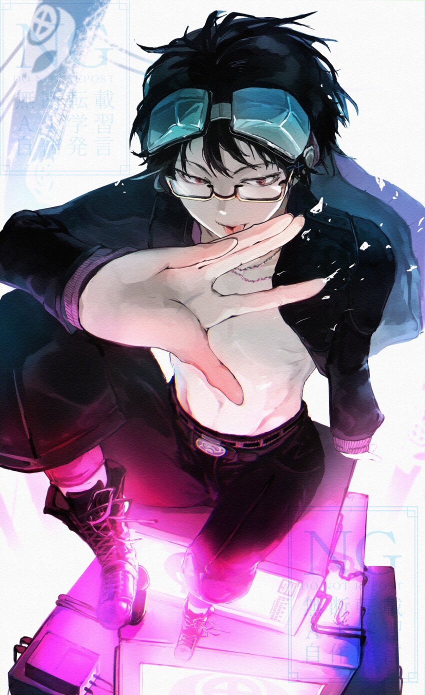 1boy black_hair glasses gnosia goggles green_hair highres jacket jewelry koyuuuuuuuuuuu long_sleeves looking_at_viewer male_focus necklace sha-ming shirt short_hair smile solo upper_body zipper