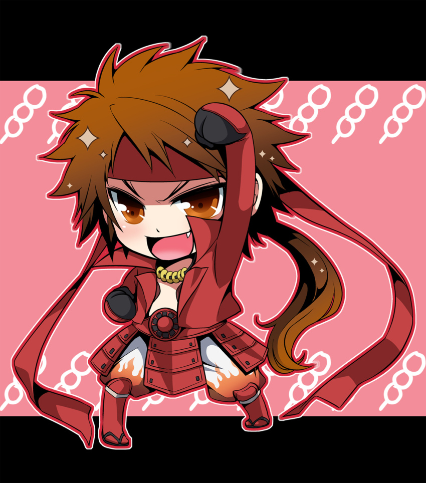 1boy :d arm_up brown_eyes brown_hair clenched_hands fang flame_print headband highres jacket jewelry letterboxed looking_at_viewer low_ponytail male_focus necklace no_shirt open_mouth outline outside_border pants ponytail red_background red_headband red_jacket red_outline sanada_yukimura_(sengoku_basara) sengoku_basara simple_background smile solo warabi_(waradoko) white_pants