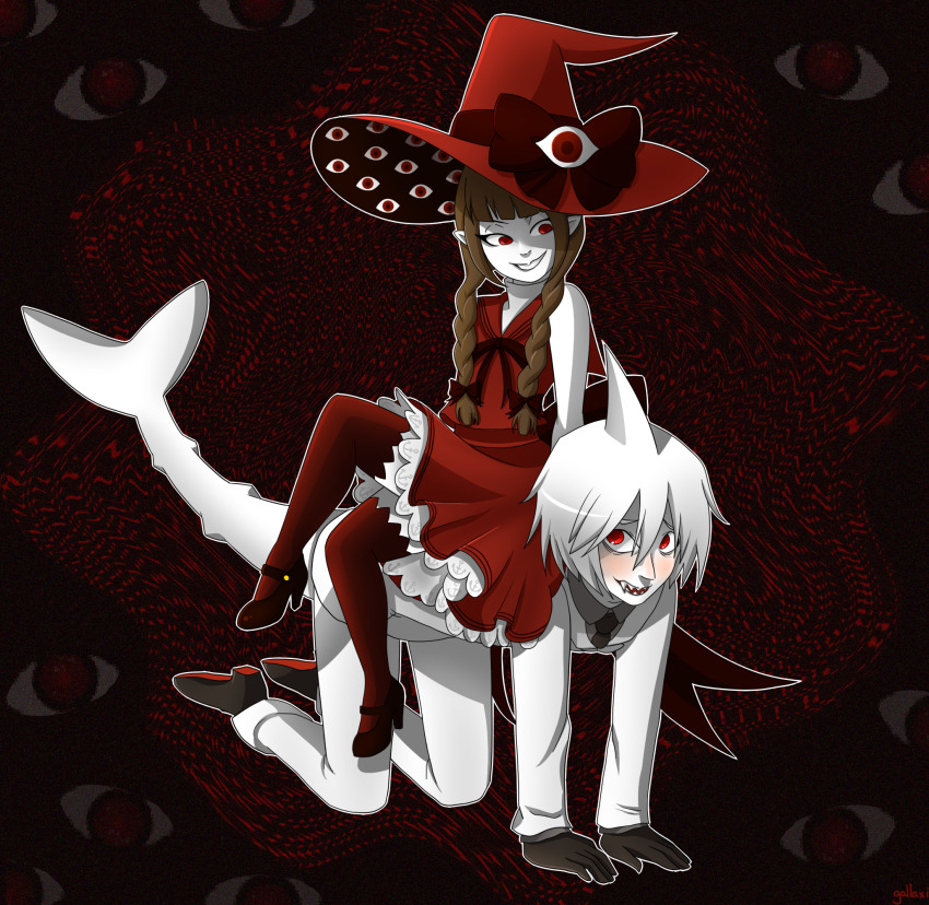 1boy 1girl all_fours black_gloves black_shoes blush bow braid brown_hair dress eye_print fins fish_tail formal_clothes frilled_dress frills funamusea gallaxi gloves grey_necktie hair_bow hat hat_bow head_fins hetero high_heels highres looking_at_another necktie oounabara_to_wadanohara open_mouth outline pointy_ears red_background red_bow red_eyes red_hat red_ribbon red_sailor_collar red_shirt red_thighhighs ribbon sailor_collar shark_boy shark_tail sharp_teeth shirt shoes sitting sitting_on_person suit syakesan_(funamusea) tail teeth thighhighs wadanohara wadanohara_(red_sea) white_hair white_outline white_suit