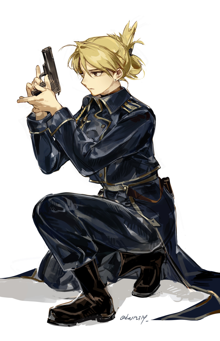 1girl absurdres amestris_military_uniform blonde_hair brown_eyes commentary earrings english_commentary folded_ponytail fullmetal_alchemist gun highres holding holding_gun holding_weapon jewelry military_uniform mixed-language_commentary riza_hawkeye solo stud_earrings twice12314 weapon white_background