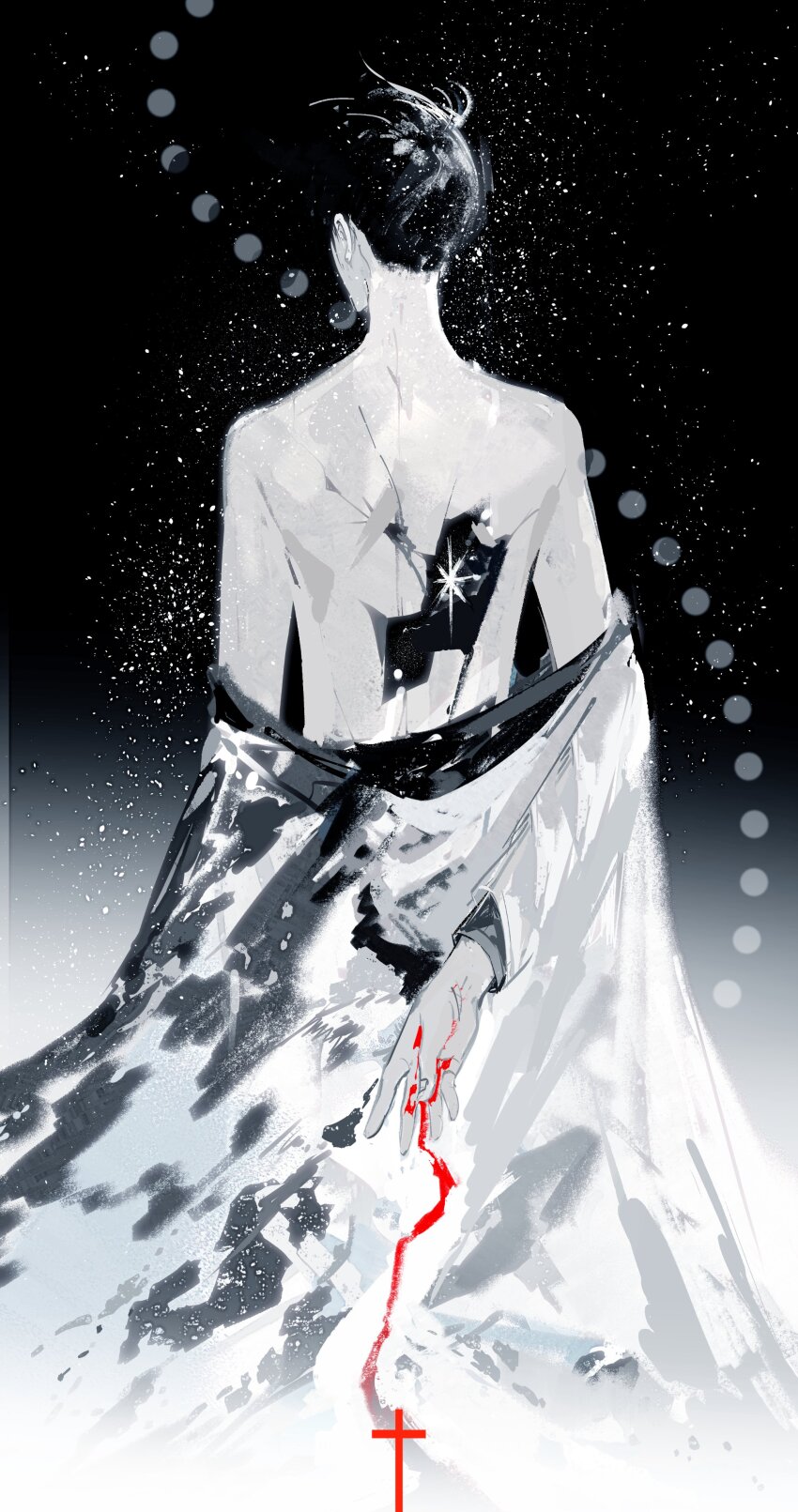 1boy absurdres arm_behind_back black_hair bleeding blood chinese_commentary coat coat_partially_removed commentary_request cowboy_shot cracked_skin cross disintegration from_behind full_body highres hole_in_chest hole_on_body kim_dokja lantercat male_focus moon_phases omniscient_reader&#039;s_viewpoint short_hair sky solo star_(sky) starry_sky white_coat