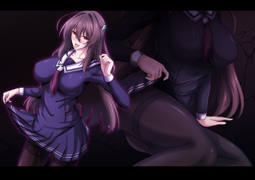 1girl :p absurdres ahoge aoi_tabane black_pantyhose blush breasts clothes_lift commission covered_erect_nipples hair_intakes hair_ornament highres katsuragi_marina kouyoku_senki_exs-tia large_breasts letterboxed lifting_own_clothes long_hair looking_at_viewer multiple_views open_mouth pantyhose pleated_skirt purple_hair red_eyes school_uniform serafuku skeb_commission skirt skirt_lift smile solo thighband_pantyhose tongue tongue_out zoom_layer