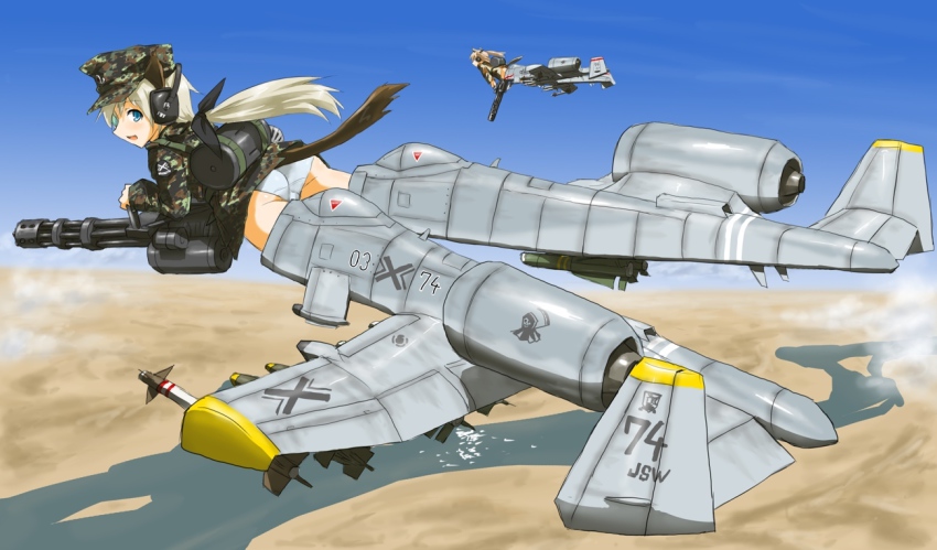2girls a-10 a-10_thunderbolt_ii aerial_bomb agm-65_maverick aim-9_sidewinder air-to-air_missile air-to-surface_missile aircraft airplane animal_ears attack_aircraft autocannon bad_id bad_pixiv_id balkenkreuz blonde_hair blue_eyes camouflage cannon close_air_support cross dakku_(ogitsune) desert desert_camouflage destruction dillon_aero_m-134 earmuffs field_cap full_body gatling_gun gau-8_avenger gbu-12_paveway_ii general-purpose_bomb guided_bomb gulf_war gun gunship hat jacket jet laser-guided_bomb military_jacket minigun missile multiple-barrel_gun multiple_girls panties pantyshot paveway precision-guided_munition river rotary_cannon strike_witches strike_witches_1991 tail underwear uniform weapon world_witches_series