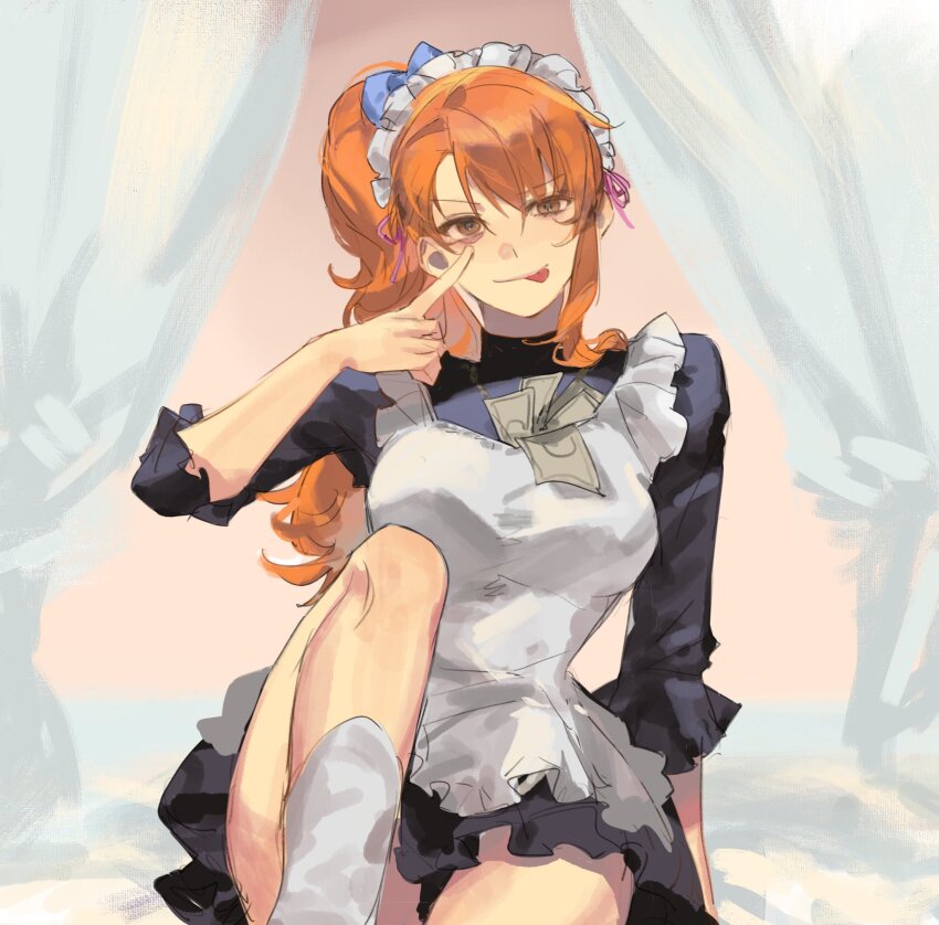 1girl :p akanbe apron banknote black_dress blue_ribbon breasts brown_eyes closed_mouth dress eyelid_pull feet_out_of_frame finger_to_eye frilled_apron frilled_hairband frills hair_ribbon hairband hashtag-only_commentary high_ponytail highres knee_up long_hair looking_at_viewer lucis0407 maid maid_apron maid_headdress medium_breasts money nami_(one_piece) official_alternate_costume official_alternate_hairstyle one_piece orange_hair ponytail ribbon single_sidelock sitting socks solo straight-on tongue tongue_out turtleneck turtleneck_dress white_apron white_hairband white_socks