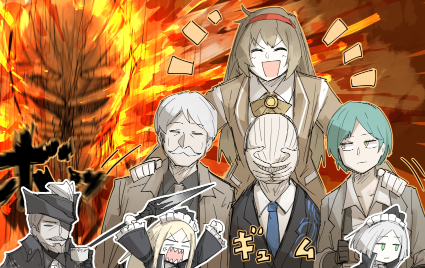 3boys 4girls ascot bad_id bad_pixiv_id beard blonde_hair brown_hair closed_eyes coat cup expressionless faceless facial_hair fire formal_clothes frilled_sleeves frills furrowed_brow hairband hat holding holding_polearm holding_weapon kankan33333 laughing library_of_ruina long_hair long_sleeves looking_to_the_side malkuth_(project_moon) multiple_boys multiple_girls mustache old old_man open_mouth oscar_(project_moon) pamela_(project_moon) pameli_(project_moon) philip_(project_moon) polearm project_moon salvador_(project_moon) short_hair sketch smile spoilers rectangular_mouth suit teacup the_crying_children_(project_moon) weapon white_hair yuna_(project_moon)