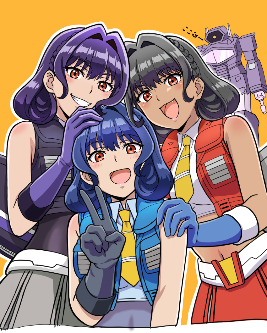 3girls absurdres arm_cannon belt black_gloves black_vest blue_gloves blue_vest bodystocking breasts brown_eyes cropped_vest dark-skinned_female dark_skin decepticon fang gloves grey_skirt hair_behind_ear hair_intakes hand_on_another&#039;s_head hand_on_another&#039;s_shoulder highres komagoma kotobukiya_bishoujo looking_at_viewer mecha medium_breasts medium_hair midriff multiple_girls navel one-eyed open_mouth parted_lips purple_gloves red_skirt red_vest robot shockwave_(transformers) skirt skywarp skywarp_(kotobukiya_bishoujo) smile starscream starscream_(kotobukiya_bishoujo) thundercracker thundercracker_(kotobukiya_bishoujo) transformers transformers:_generation_1 upper_body v vest weapon white_belt