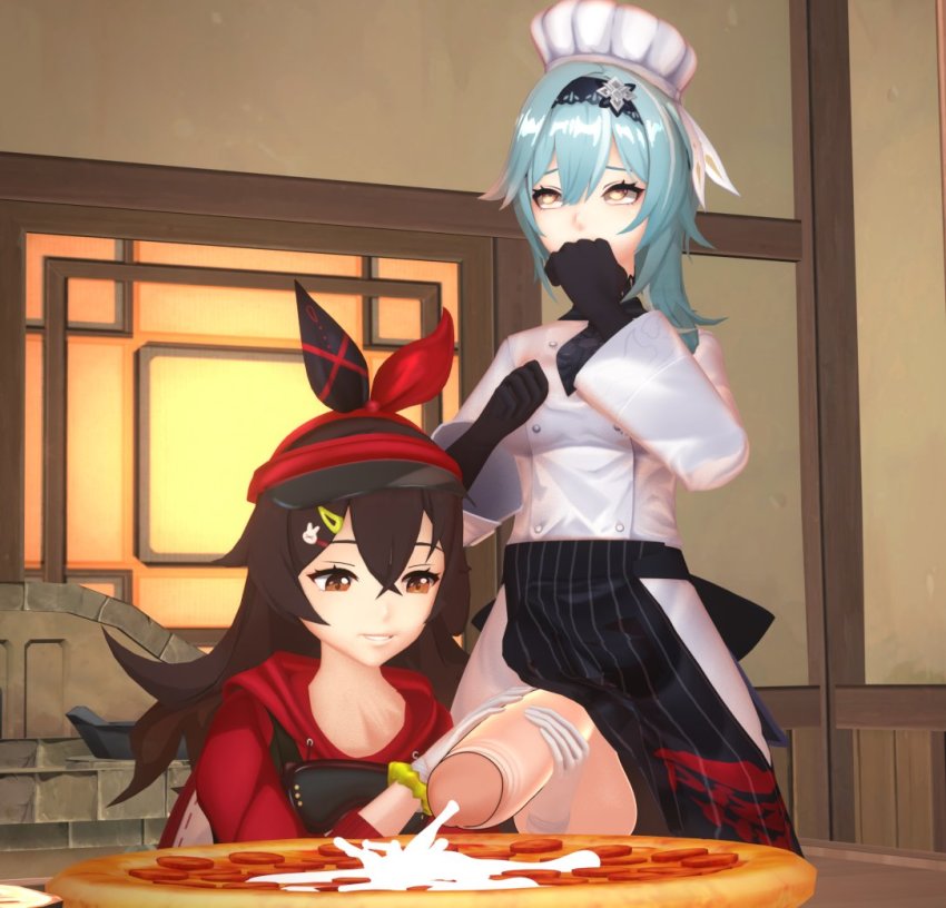 1futa 1girl ahegao amber_(genshin_impact) bag blue_hair brown_hair chef chef_hat cum cum_on_food ejaculation eula_(genshin_impact) food futa_with_female futaflux futanari genshin_impact gloves hair_ornament hand_on_penis handjob hat hood hoodie huge_penis jacket penis penis_grab pizza red_hood red_hoodie testicles