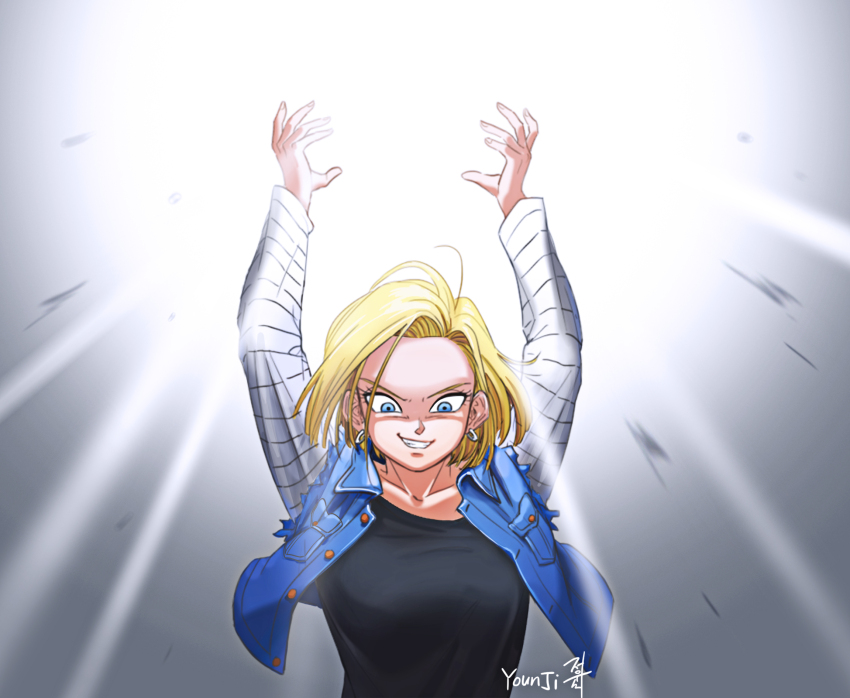 1girl android android_18 arms_up artist_name black_shirt blonde_hair blue_eyes commentary creamdonut denim denim_jacket denim_vest dragon_ball dragonball_z earrings energy_ball english_commentary evil_grin evil_smile floating_clothes floating_hair grey_background grin highres hoop_earrings horizontal-striped_sleeves imminent_attack jacket jewelry long_sleeves looking_down medium_hair shirt side_part signature silver_earrings smile solo teeth upper_body