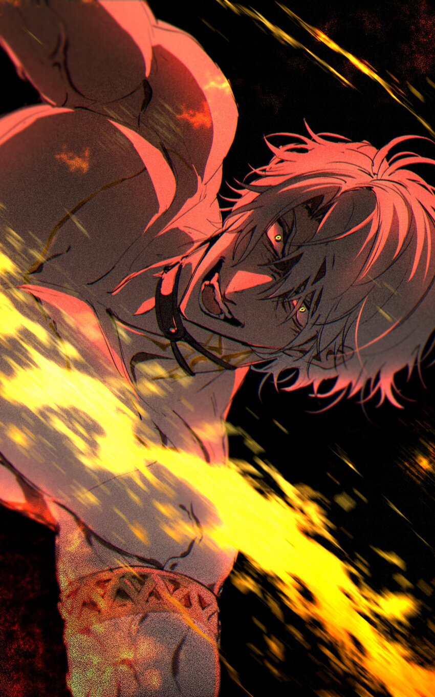 1boy absurdres armlet black_background black_choker blonde_hair choker commentary crazy_eyes crazy_smile fire highres honkai:_star_rail honkai_(series) jewelry male_focus muscular muscular_male phainon_(honkai:_star_rail) sideways simple_background smile solo symbol-only_commentary topless_male utimkg veins yellow_eyes