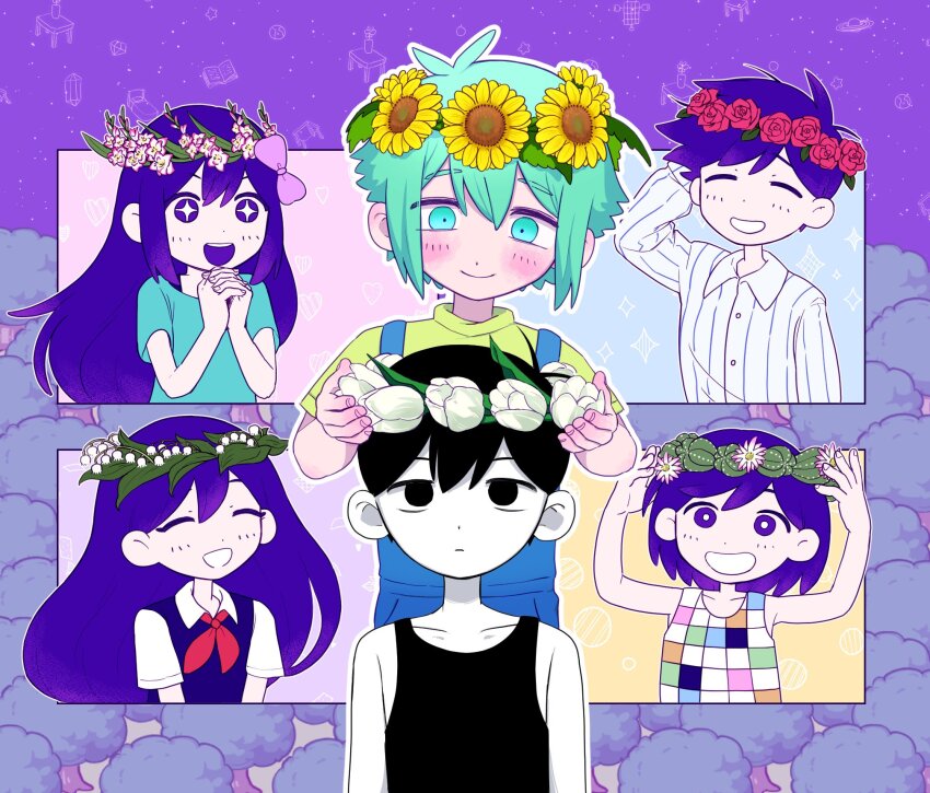 +_+ 2girls 4boys arm_behind_head arm_up arms_up aubrey_(headspace)_(omori) aubrey_(omori) basil_(headspace)_(omori) basil_(omori) black_eyes black_hair black_tank_top blue_overalls blue_shirt blush bow cactus closed_eyes closed_mouth collared_shirt colored_skin expressionless flower gladiolus green_eyes green_hair green_shirt hair_bow head_wreath hero_(headspace)_(omori) hero_(omori) highres kel_(headspace)_(omori) kel_(omori) lily_of_the_valley long_hair long_sleeves looking_at_another mari_(headspace)_(omori) mari_(omori) miranosub multiple_boys multiple_girls neckerchief omori omori_(omori) open_mouth overalls pajamas pink_bow purple_eyes purple_hair purple_sweater_vest red_neckerchief rose shirt short_hair short_sleeves smile sunflower sweater_vest t-shirt tank_top teeth tree tulip upper_body upper_teeth_only white_shirt white_skin