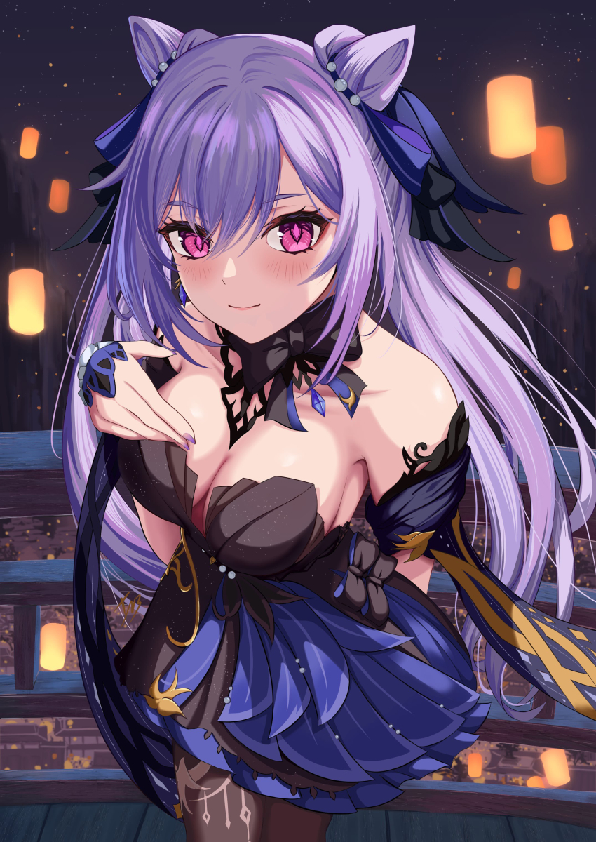 1girl absurdres birthday commentary cone_hair_bun diamond-shaped_pupils diamond_(shape) dress english_commentary genshin_impact goat_horns hair_bun hair_ears haran_44 highres horns keqing_(genshin_impact) keqing_(opulent_splendor)_(genshin_impact) pearl_hair_ornament purple_eyes purple_hair solo strapless strapless_dress symbol-shaped_pupils twintails