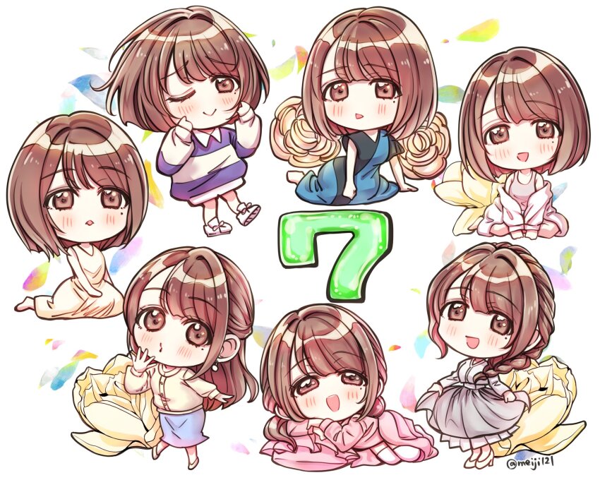 1girl 217find! :d ;) animification bare_shoulders black_dress blue_dress blue_shirt blue_skirt brown_eyes brown_hair chibi chibi_only closed_mouth collared_shirt commentary_request cropped_shirt dress fingers_to_cheek flower flower_stand_art grey_skirt grey_tank_top hair_intakes half-closed_eyes half_updo hanamiya_nina highres jacket jacket_partially_removed long_dress long_hair long_shirt long_sleeves looking_at_viewer lying medium_hair meiji_(mosamoo3) mole mole_under_eye multiple_views on_side one_eye_closed open_mouth parted_lips pillow pink_dress real_life shirt short_sleeves simple_background sitting skirt sleeveless sleeveless_dress smile standing tank_top voice_actor white_background white_dress white_shirt yellow_flower yokozuwari