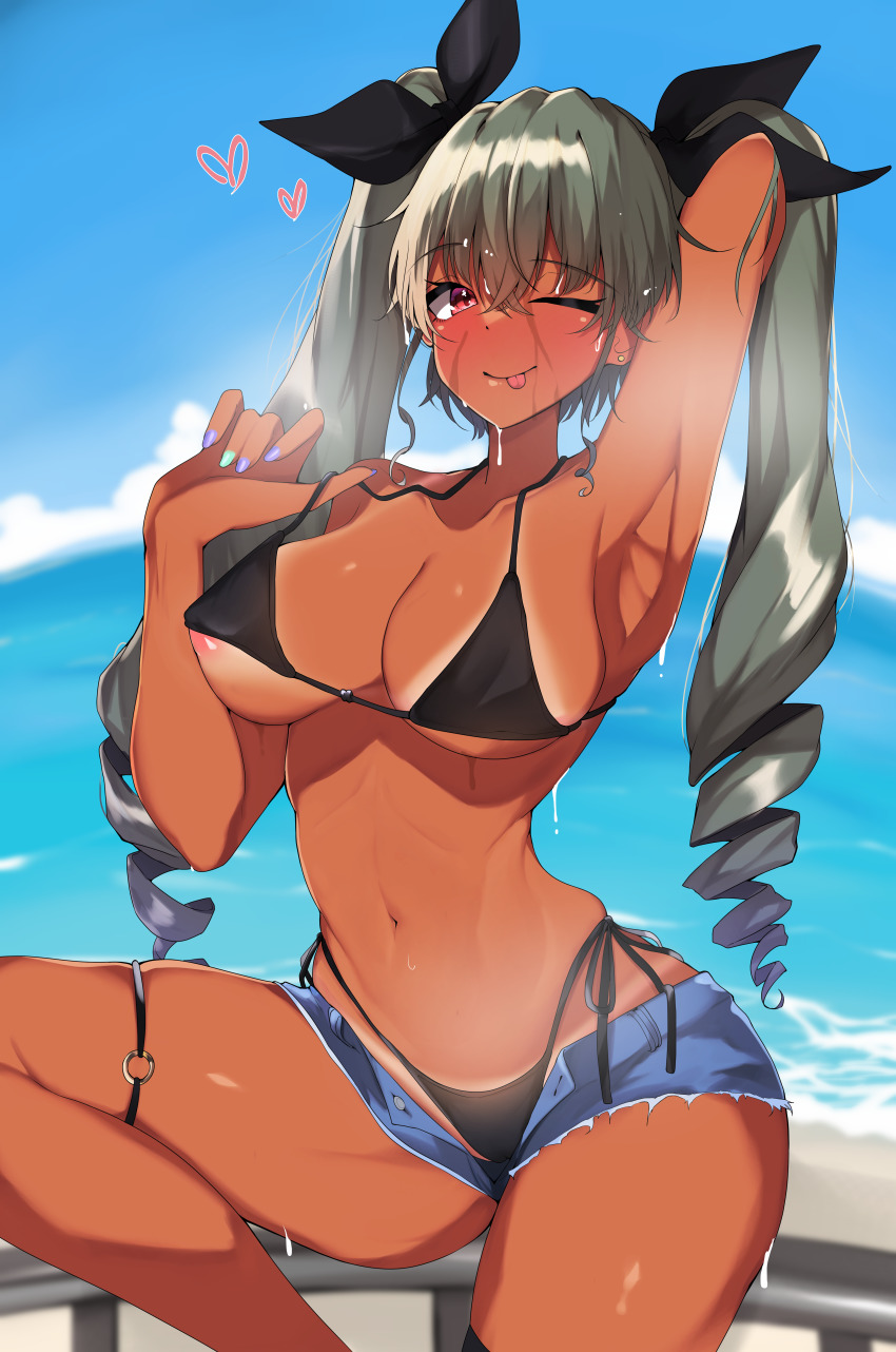 1girl absurdres alternate_skin_color anchovy_(girls_und_panzer) aqua_nails areola_slip arm_behind_head armpits bikini black_bikini blush closed_mouth commission dark-skinned_female dark_skin denim denim_shorts drill_hair earrings girls_und_panzer green_hair highres jewelry kshimu long_hair looking_at_viewer multicolored_nails nail_polish navel one_eye_closed pink_eyes purple_nails short_shorts shorts skeb_commission smile solo swimsuit tan tanline tongue tongue_out twin_drills wet