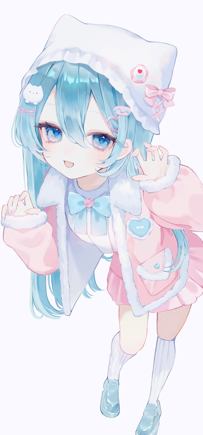 1girl absurdres ao_marumaru0720 blue_bow blue_eyes blue_hat bow bowtie commentary_request fang full_body fur_trim hair_between_eyes hair_ornament hairclip hat heart highres jacket kneehighs long_hair long_sleeves looking_at_viewer open_mouth original pink_jacket pink_skirt pleated_skirt pom_pom_(clothes) shirt shoes simple_background skirt socks solo white_background white_shirt
