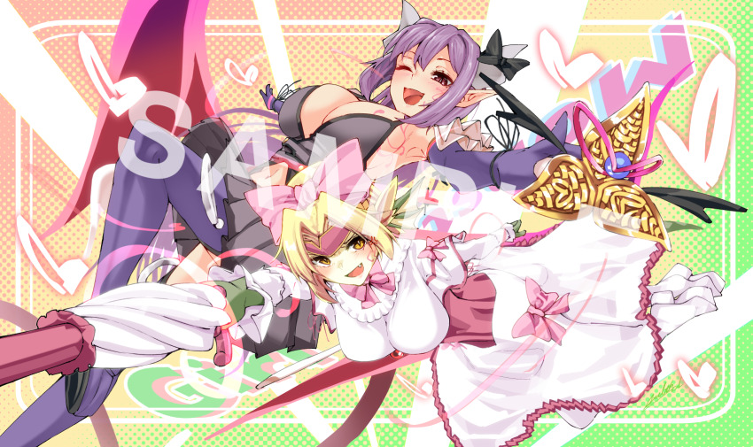 2girls :d alma_elma anger_vein animal_ears armpits black_bow black_dress blonde_hair blush boots bow bowtie breast_tattoo breasts check_spoilers cleavage colored_skin colorful_background comiket_105 commentary_request demon_girl demon_horns demon_wings dragon_ears dragon_girl dress elbow_gloves english_text facial_tattoo fang fins for-u forehead_protector gloves granberia green_skin grey_horns hair_between_eyes head_fins heart high_heel_boots high_heels highres holding holding_umbrella horn_bow horn_ornament horns impossible_clothes impossible_dress knee_up large_breasts long_hair long_sleeves looking_at_viewer magical_girl mon-musu_quest! mon-musu_quest:_paradox monster_girl multiple_girls navel official_alternate_costume one_eye_closed open_mouth parasol pink_bow pink_bowtie pointy_ears purple_boots purple_gloves purple_hair red_eyes sample_watermark short_hair signature simple_background slit_pupils smile tail tattoo thigh_boots umbrella very_long_hair wand watermark white_boots white_dress wings yellow_eyes yellow_skin