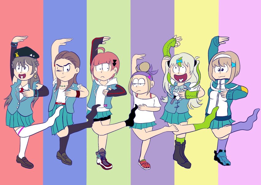 6+girls ahoge bangs_pinned_back belt beret braid breasts brown_hair fish_hair_ornament green_hair hair_bun hair_ornament hairband half_up_braid hat heaven_burns_red long_hair long_sleeves multiple_girls ooshima_ichiko ooshima_isuzu ooshima_minori ooshima_muua ooshima_niina ooshima_yotsuha osomatsu-san osomatsu_(series) pleated_skirt red_eyes sextuplets short_hair siblings side_ahoge sisters skirt team_31e_(heaven_burns_red) tomoki08368645 two_side_up yellow_eyes