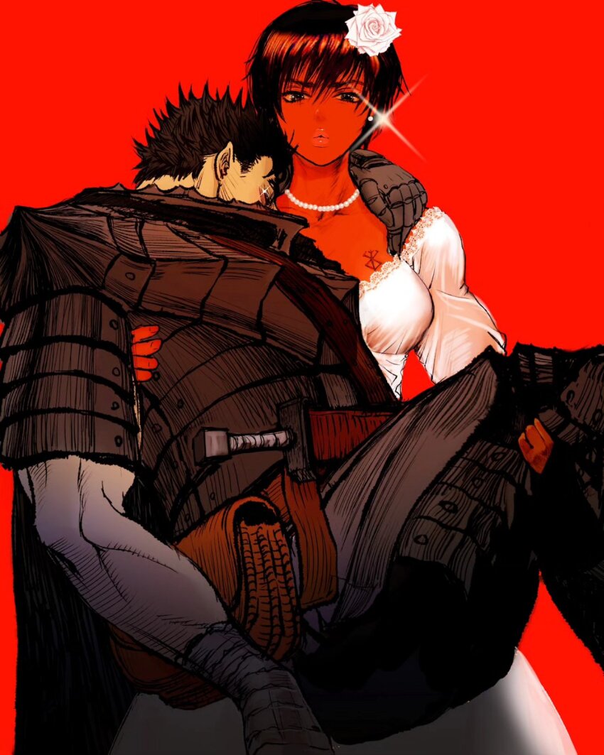 1boy 1girl arm_wrap armor bead_necklace beads belt_pouch berserk berserker_armor black_hair blue_eyes brand_of_sacrifice breasts bride carrying casca_(berserk) chest_tattoo commentary cowboy_shot dark-skinned_female dark_skin dress earrings english_commentary flower gauntlets glint guts_(berserk) hair_flower hair_ornament hand_on_another&#039;s_shoulder highres jewelry lace lace-trimmed_dress lace_trim looking_at_viewer necklace nisino2222 pouch princess_carry puckered_lips red_background role_reversal rose short_hair simple_background sword tattoo unconscious weapon wedding_dress white_flower white_rose
