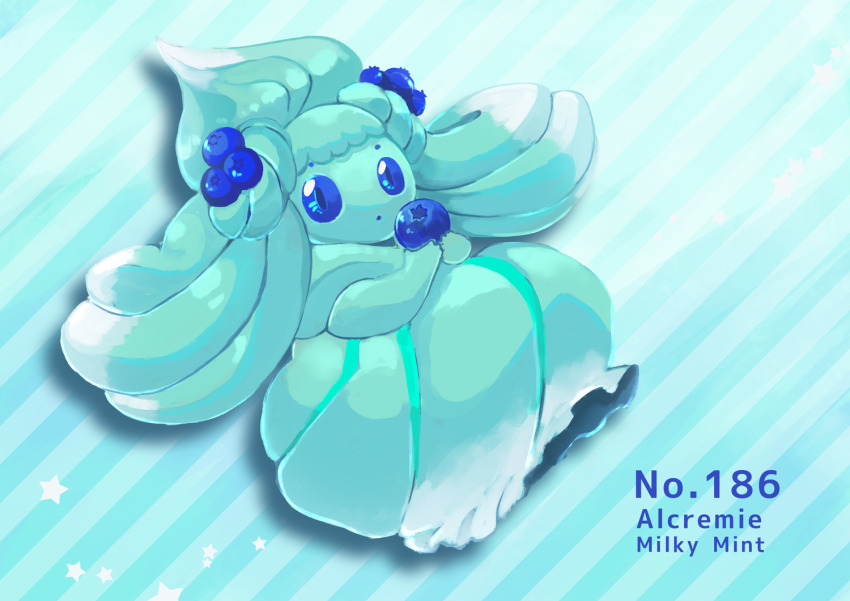 alcremie alcremie_(berry_sweet) alcremie_(mint_cream) blue_eyes blue_theme blueberry character_name commentary_request creature food fruit full_body gen_8_pokemon holding holding_food holding_fruit looking_at_viewer nintendo no_humans ookami_shounen pokedex_number pokemon pokemon_(creature) solo star_(symbol) striped_background