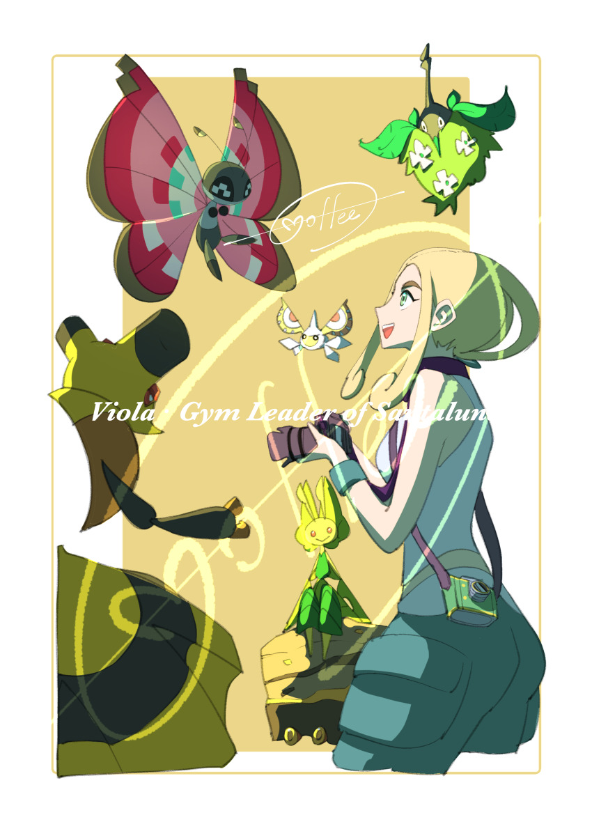 1girl :d absurdres blonde_hair border camera cccacademia character_name crustle game_freak gen_3_pokemon gen_4_pokemon gen_5_pokemon gen_6_pokemon green_eyes highres holding holding_camera leavanny looking_up masquerain mixed-language_commentary nintendo open_mouth pants pokemon pokemon_(creature) pokemon_xy shirt sidelocks signature sleeveless sleeveless_shirt smile teeth upper_teeth_only vespiquen viola_(pokemon) vivillon vivillon_(meadow) white_border white_shirt wormadam wormadam_(plant)