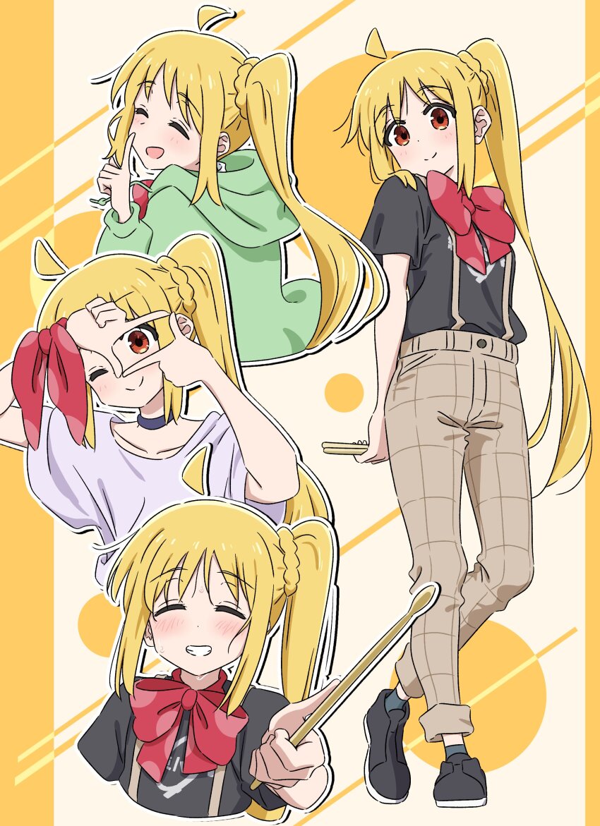 1girl absurdres ahoge black_shirt black_shoes blonde_hair blush bocchi_the_rock! bow bowtie brown_pants closed_eyes closed_mouth collarbone commentary_request cropped_torso detached_ahoge dot_nose drawstring drumsticks facing_viewer finger_frame finger_frame_over_eye green_hoodie grin hands_up highres holding holding_drumsticks hood hoodie ijichi_nijika index_finger_raised kessoku_band_logo kessoku_band_t-shirt long_hair looking_at_viewer mayo_(oekaki_bibbi) multiple_views one_eye_closed open_mouth outline pants ponytail red_bow red_bowtie red_eyes shirt shoes short_sleeves side_ponytail sidelocks smile split_mouth suspenders sweat t-shirt very_long_hair white_outline white_shirt wrist_bow yellow_background
