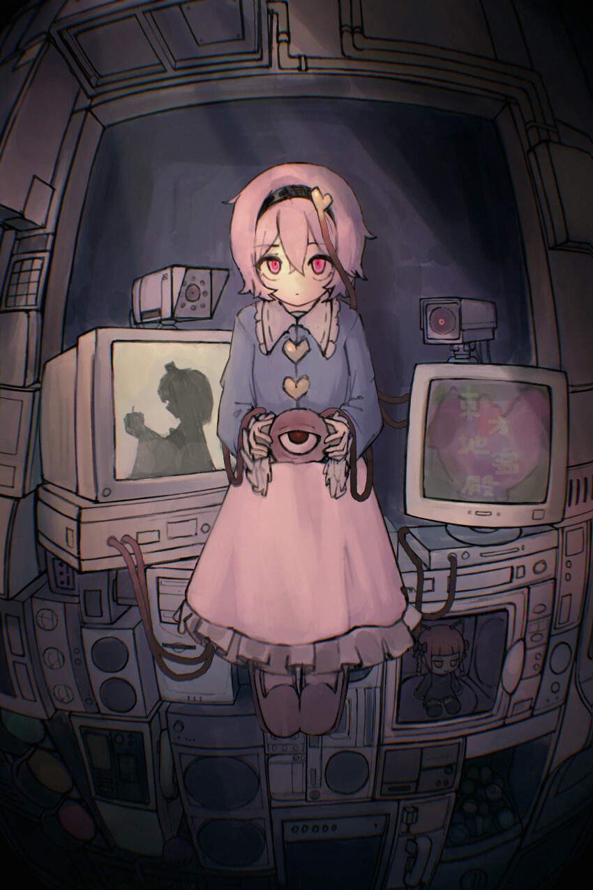 1girl absurdres akirama bad_apple!! black_hairband blouse blue_shirt buttons commentary_request crt expressionless eyeball fisheye frilled_shirt_collar frilled_sleeves frills fumo_(doll) hair_ornament hairband heart heart_button heart_hair_ornament highres indoors kaenbyou_rin komeiji_satori korean_commentary looking_at_viewer microwave phone pink_eyes pink_hair pink_skirt pink_slippers security_camera shirt sitting skirt slippers solo speaker television third_eye touhou
