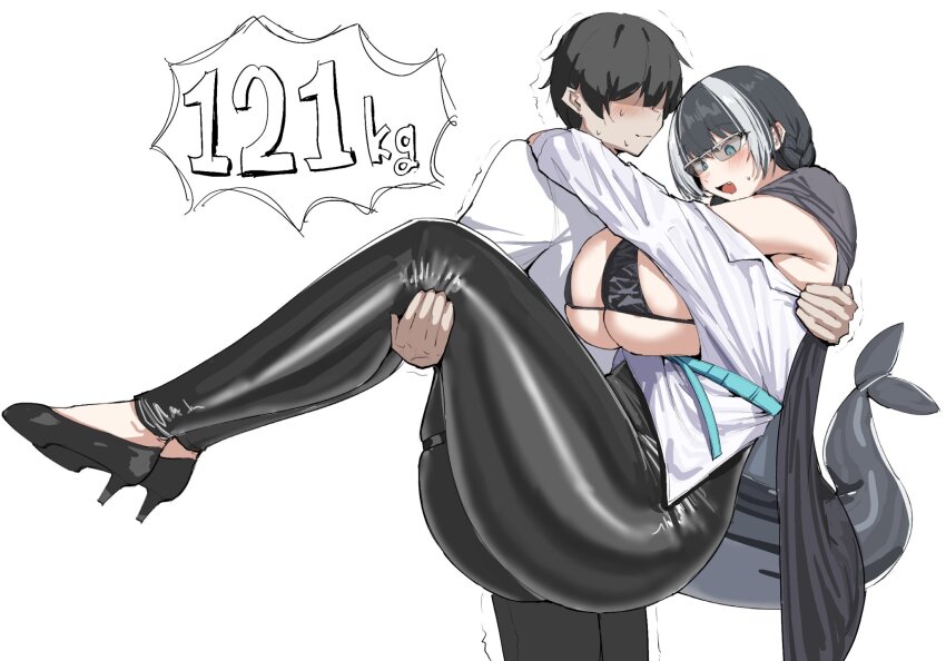1boy 1girl :d alcyone_(last_origin) arm_around_neck belt bikini bikini_top_only black_bikini black_hair black_pants black_shoes blue_eyes blush braid breasts cape carrying cetacean_tail closed_mouth commander_(last_origin) faceless faceless_male fins fish_tail full_body glasses grey_cape grey_eyes hand_on_another&#039;s_back hand_on_another&#039;s_leg heavy high_heels highres huge_breasts last_origin motion_lines narodenden open_mouth orca_girl pants princess_carry shiny_clothes shirt shoes simple_background smile standing string_bikini swimsuit tail trembling weight white_background white_shirt